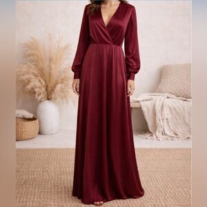Veiled Long Sleeve Maxi Dress in Burgundy